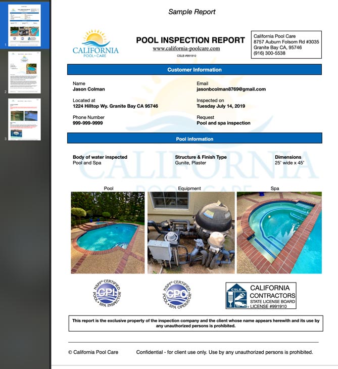 Sample Pool Inspection Report for pool, equipment, and spa
